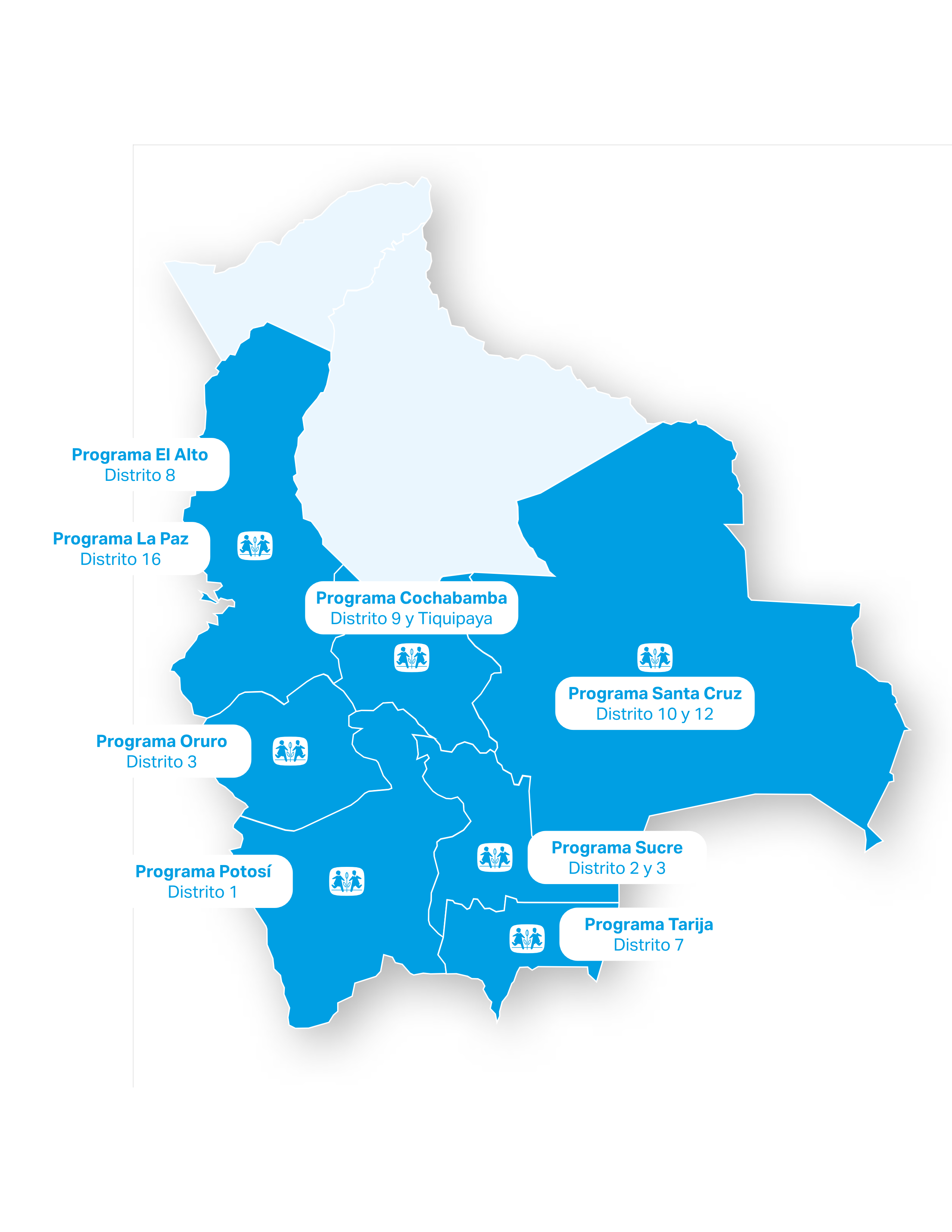 Mapa de Bolivia con los 8 programas de Aldeas Infantiles SOS